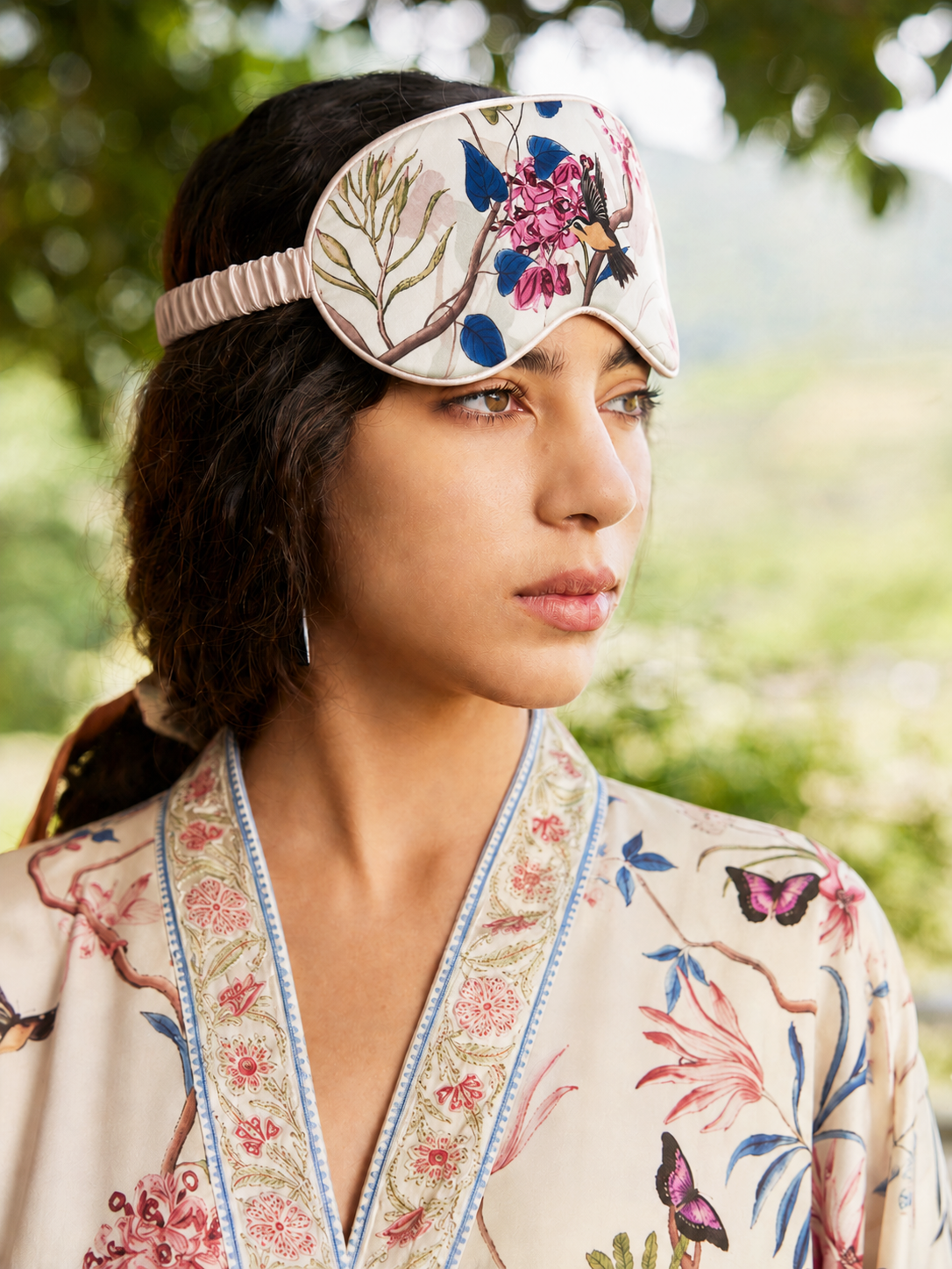 Beige Floral Charmeuse Asian Inspired Sleep Mask
