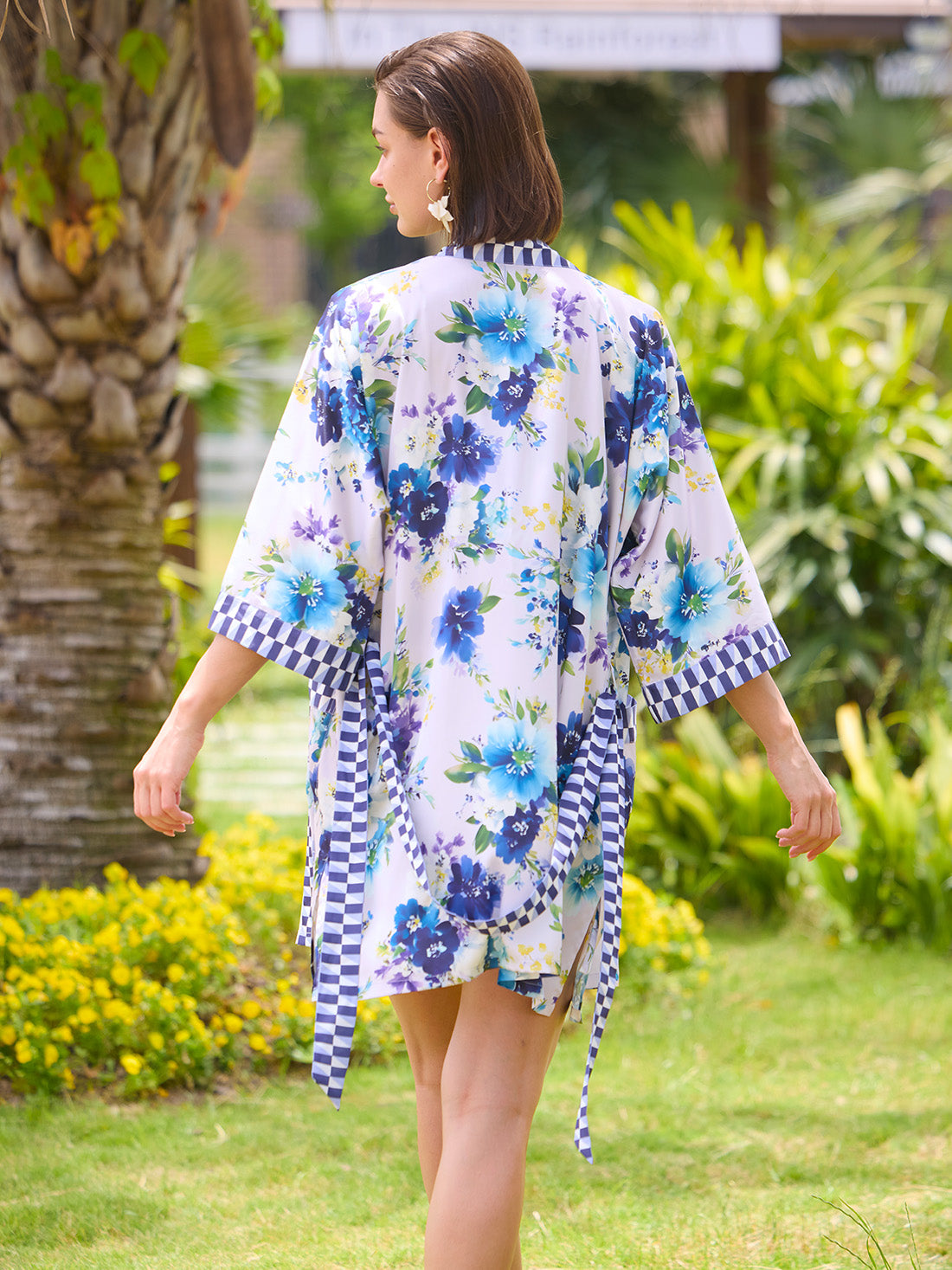 Bluebell Garden Short Kimono Robe with Pockets