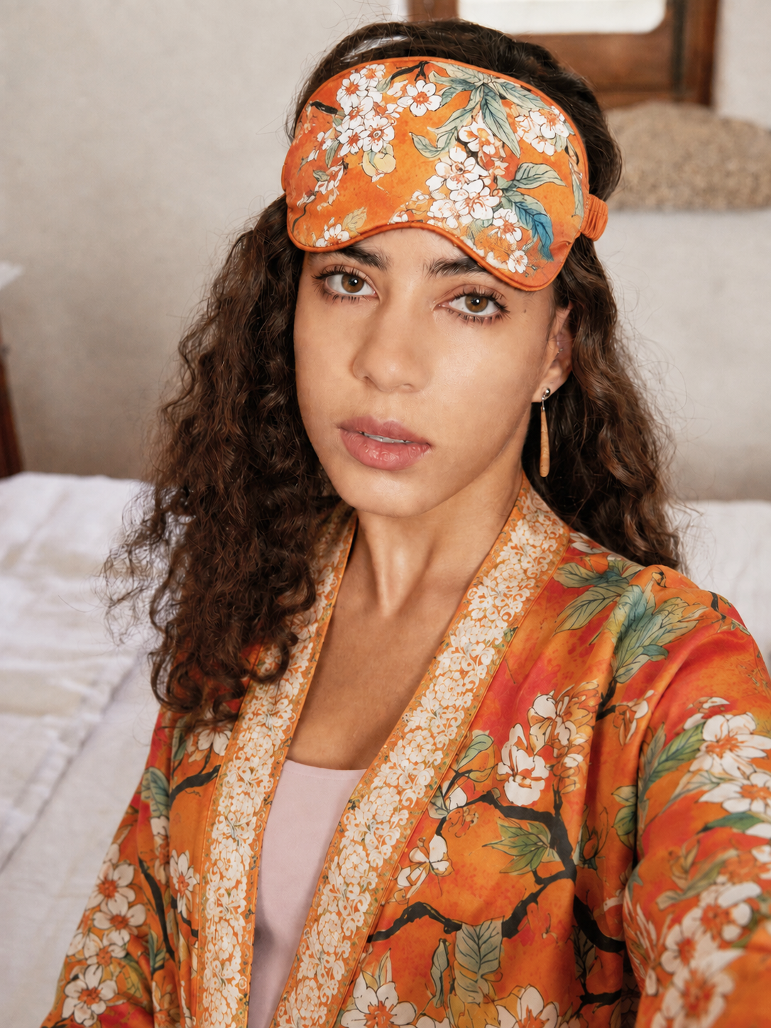 Orange Camellia Charmeuse Asian Inspired Sleep Mask