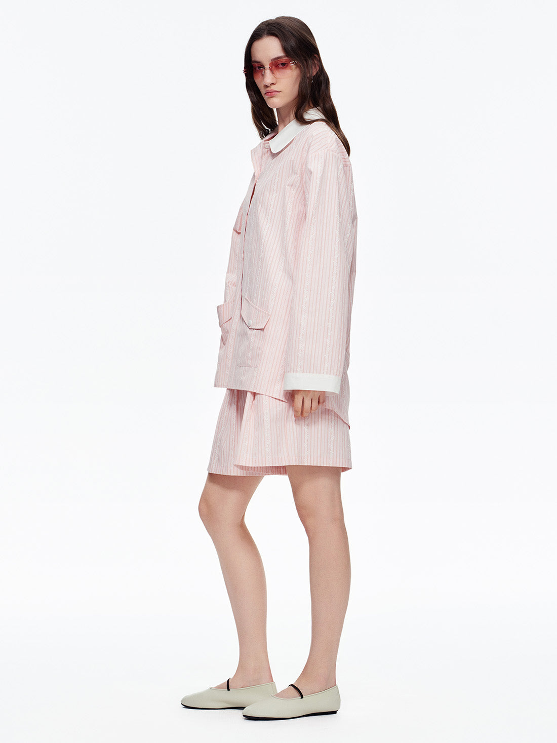 Blush Lace Stripe Short Pajama Set with Pockets