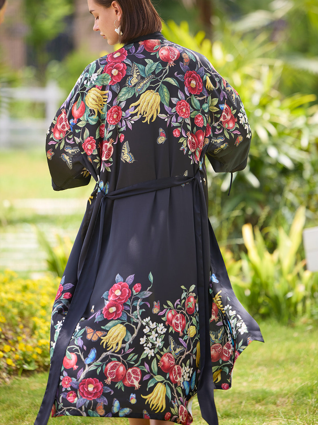 Black Botanical Kimono Robe