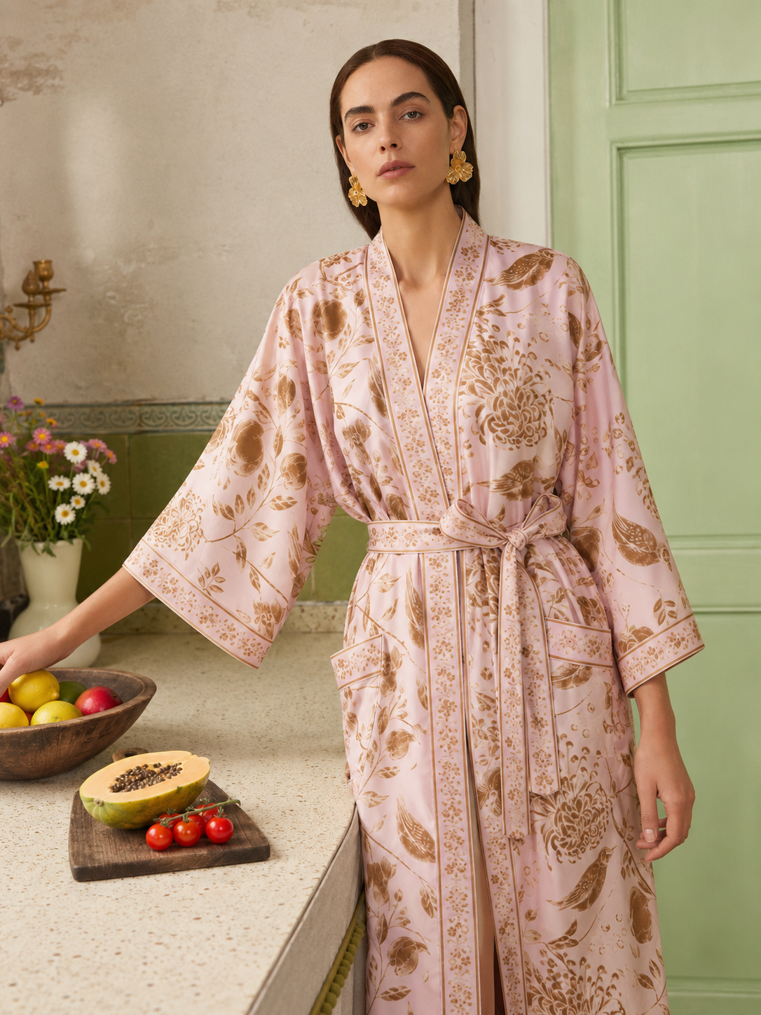 Blush Golden Leaf Kimono Robe with Pockets
