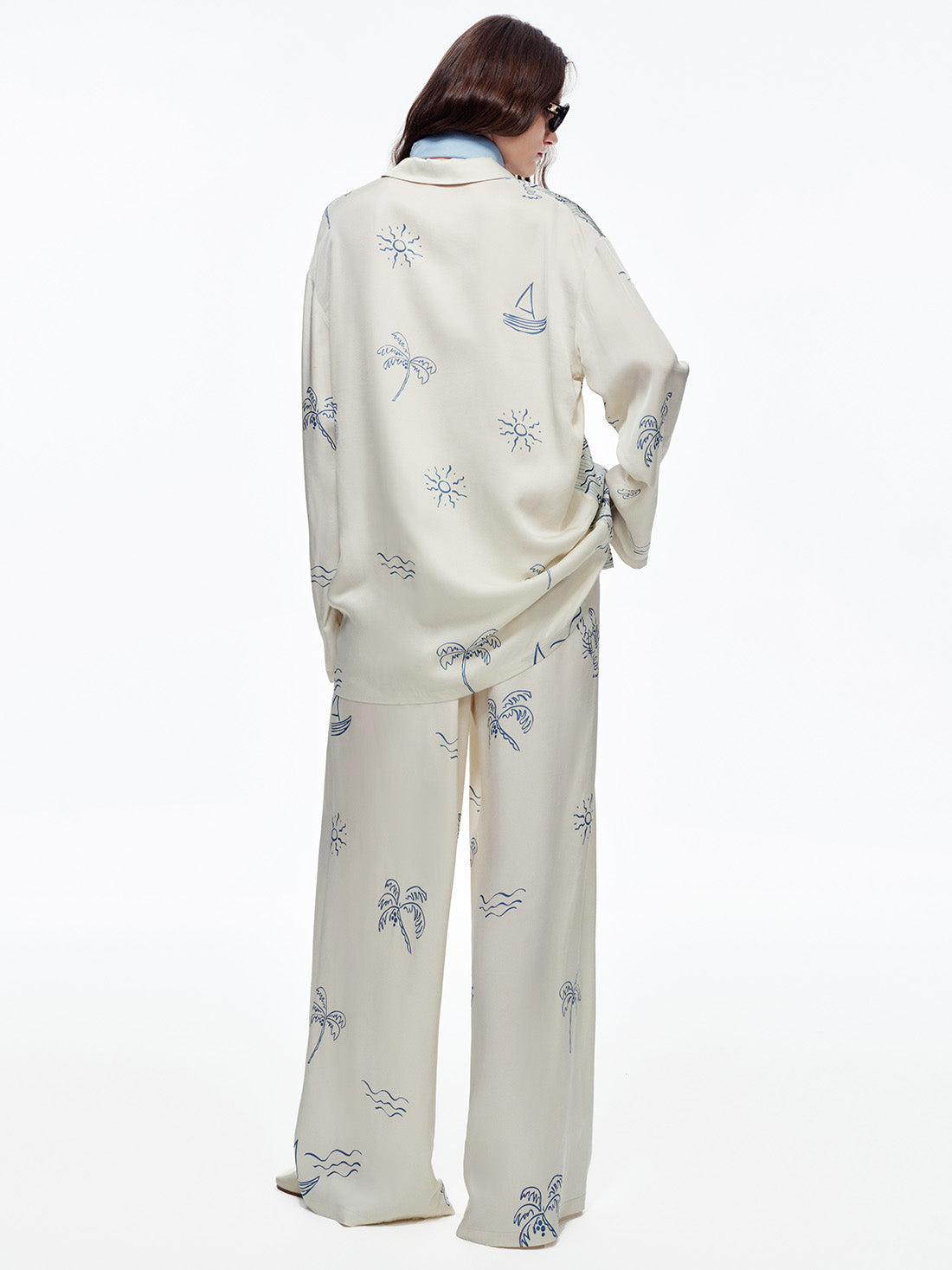 Milk Apricot Coastal Print Long Pajama Set