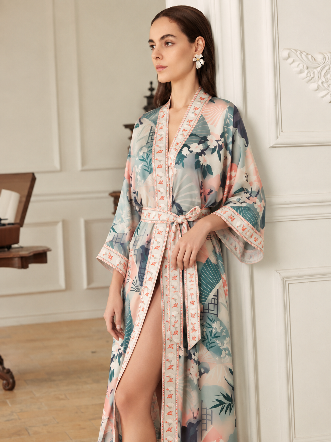 Sage Garden Fan Long Kimono Robe with Pockets