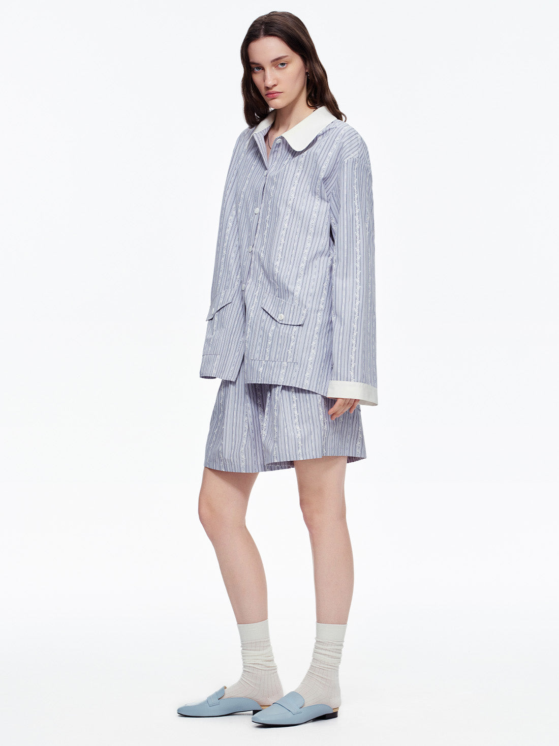 Lavender Lace Stripe Short Pajama Set with Pockets