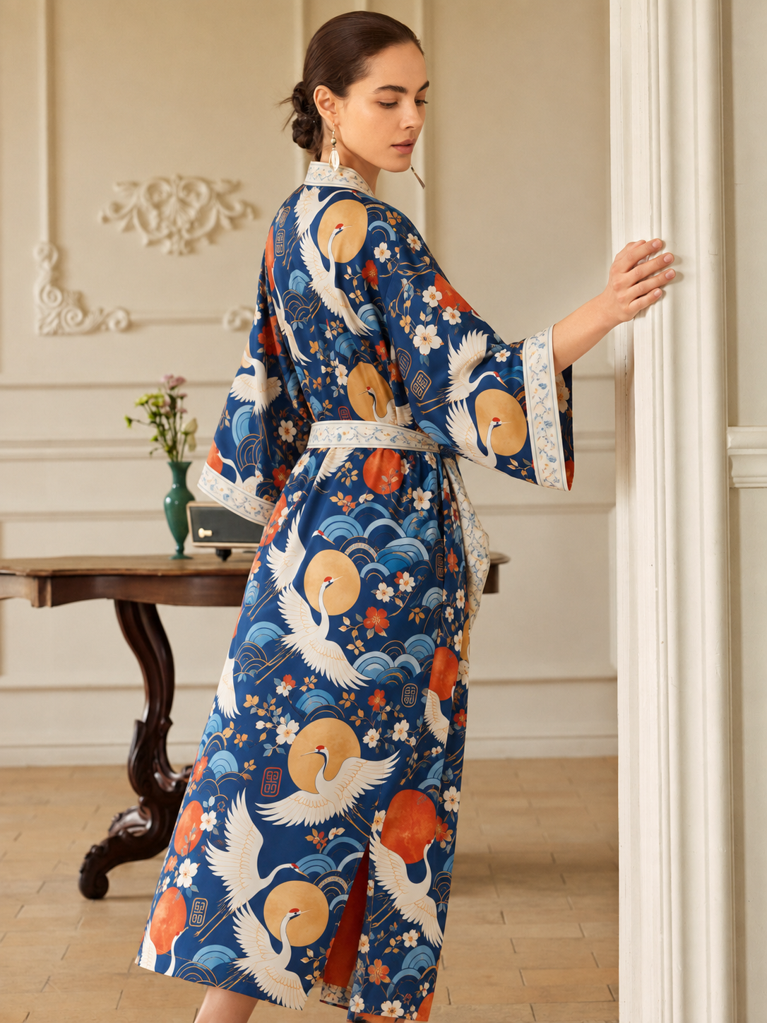 Moonlit Cranes Kimono Robe with pockets