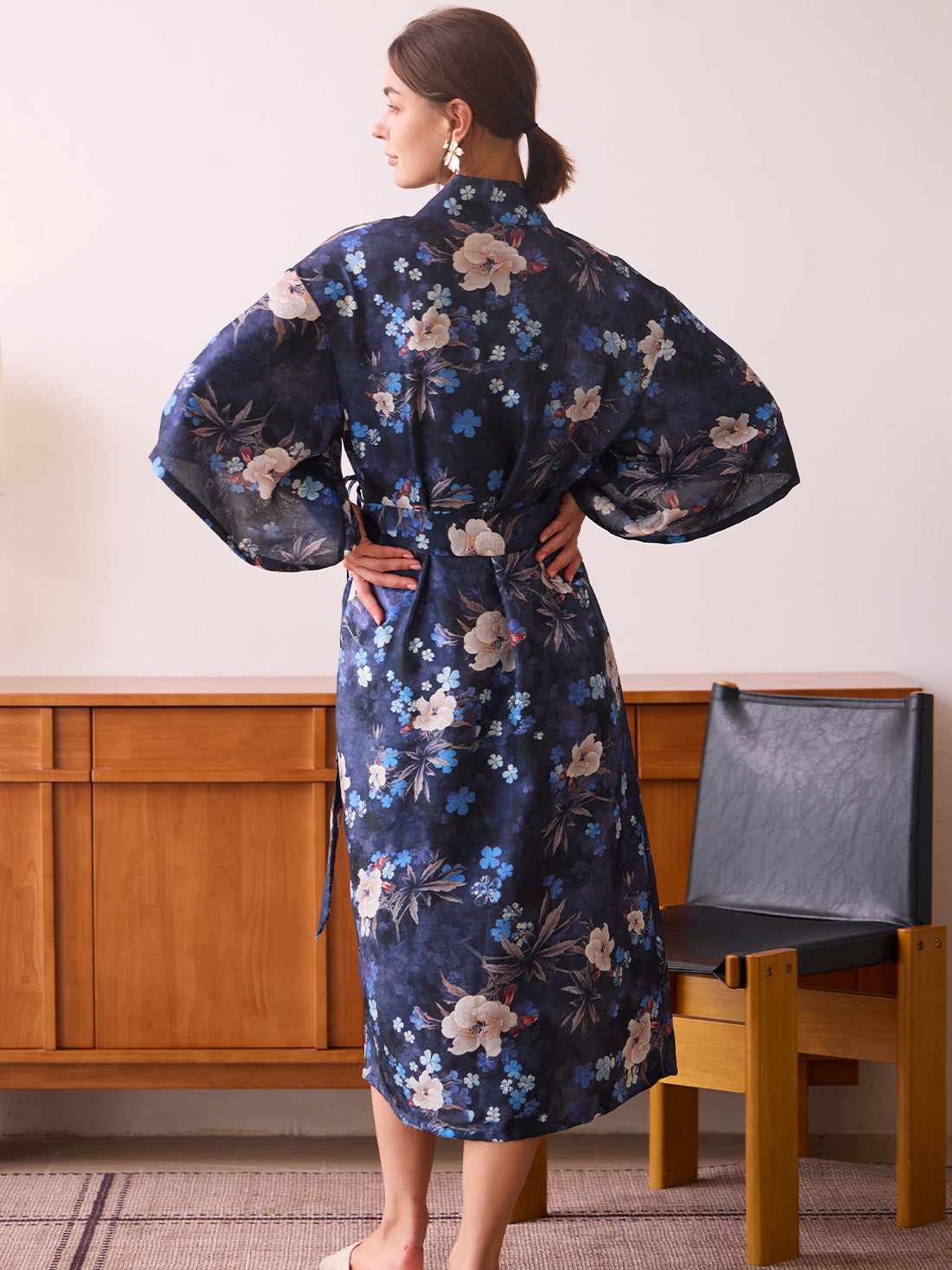 Navy Floral Garden Shimmer Kimono Robe