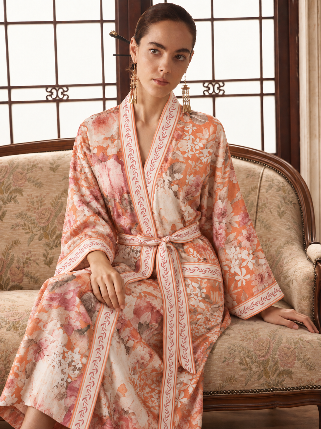 Coral Sunset Kimono Robe with Pockets