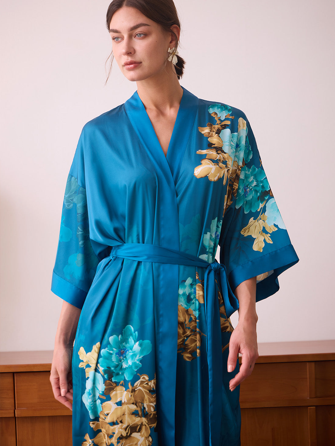 Teal Orchid Bloom Kimono Robe