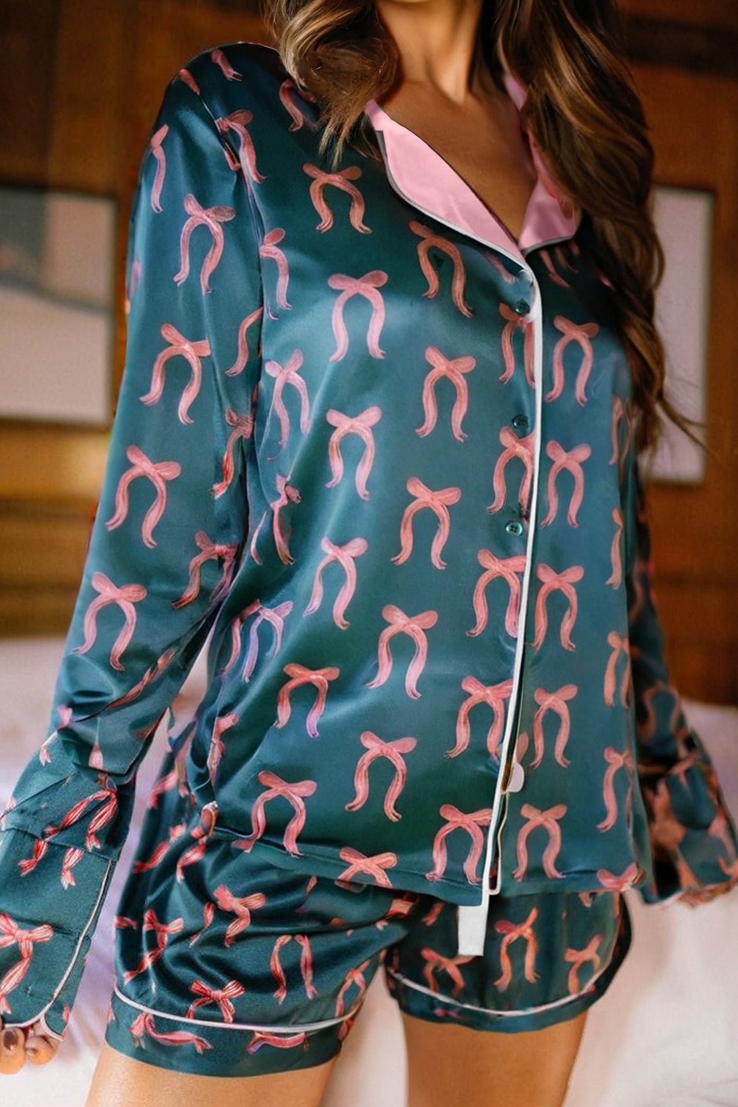 Ribbon Bow Print Silky Long Sleeve Shirt Shorts 2pcs Pajama Set