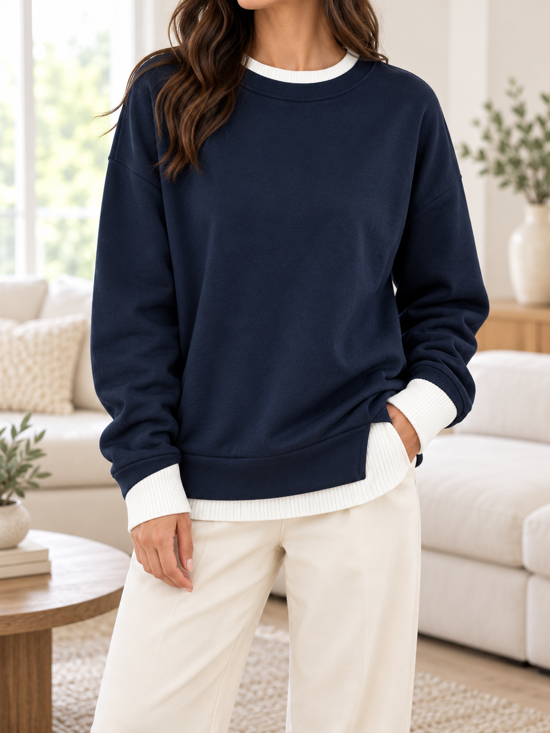 Layered Look Crewneck Sweatshirt with Contrast Soft Rib Trim