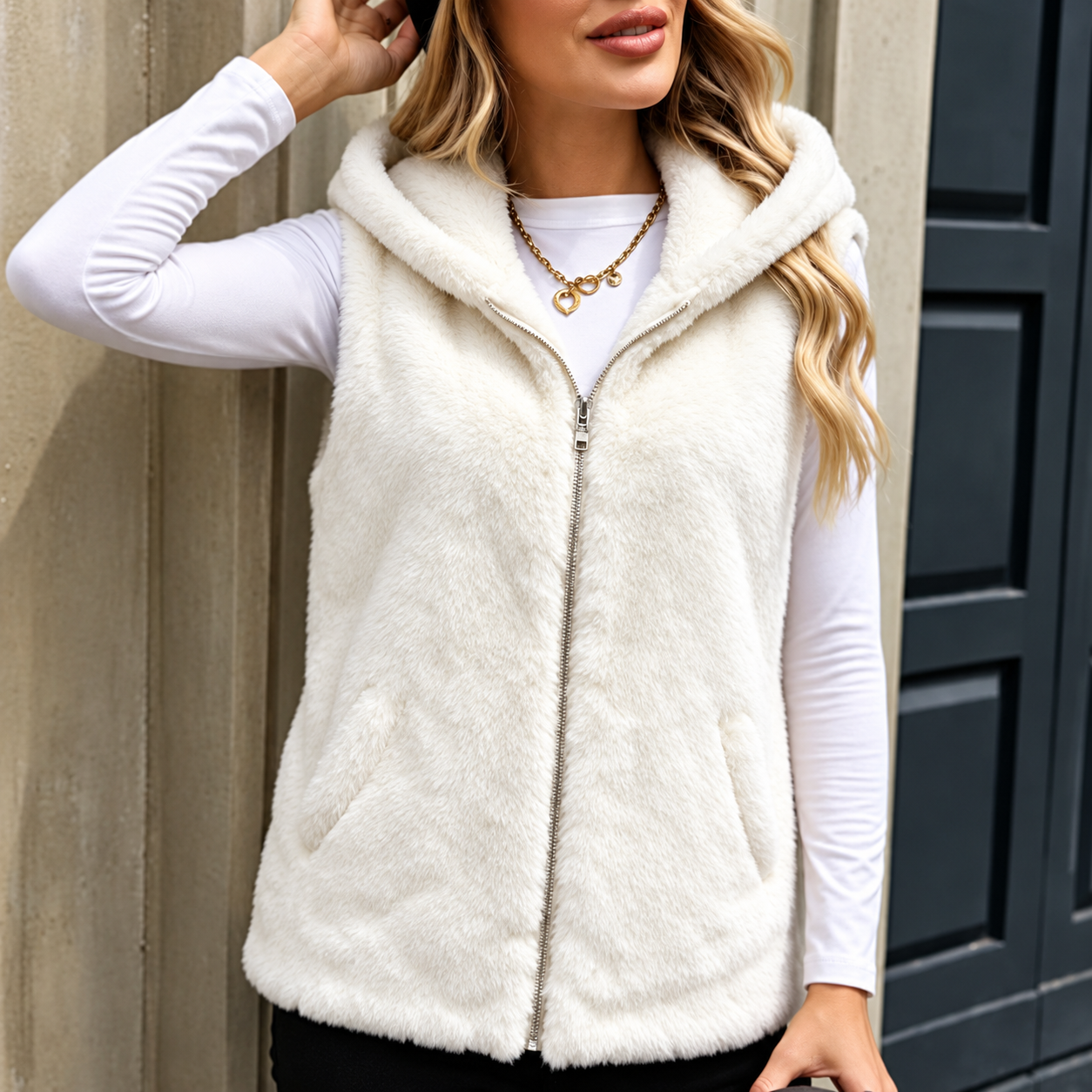 Minimalist White Hooded Faux Fur Vest Zip Front with Pockets