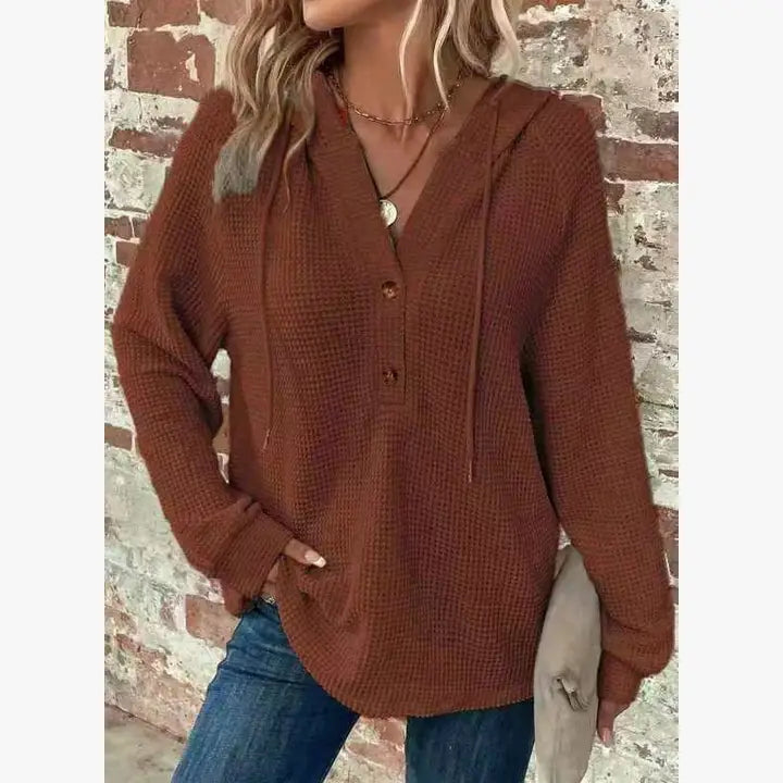 Cross-Border Women’s Waffle Knit V-Neck Hoodie