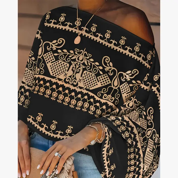 Fashionable Airy Printed Loose Slant Neck Top