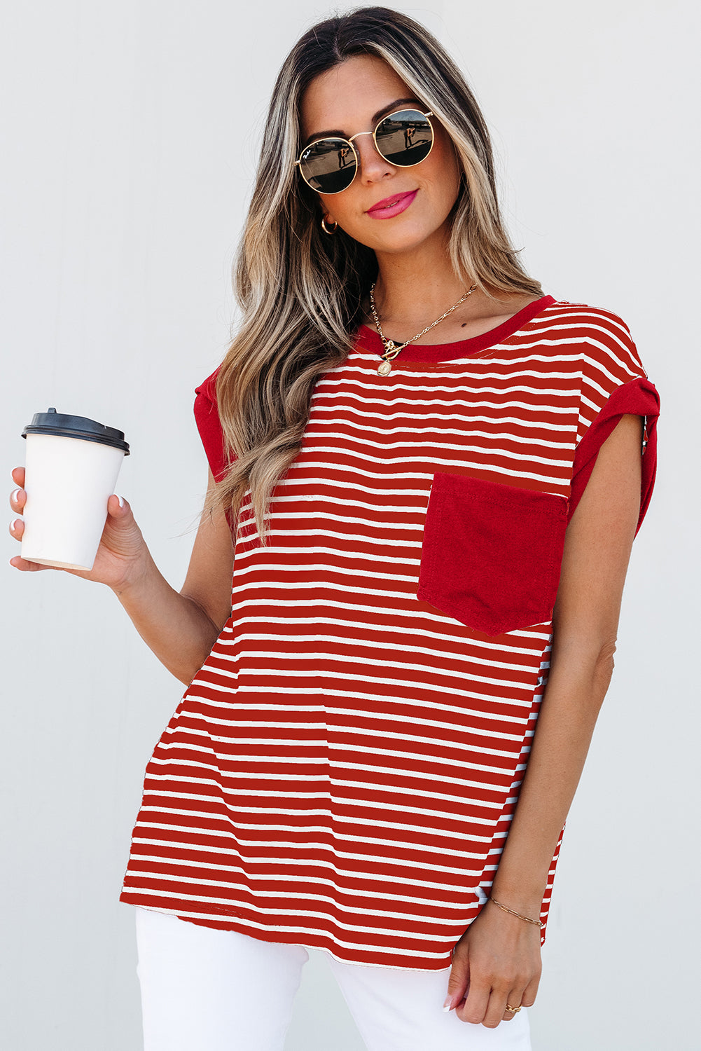 Stripe Chest Pocket Patch Round Neck Tank Top