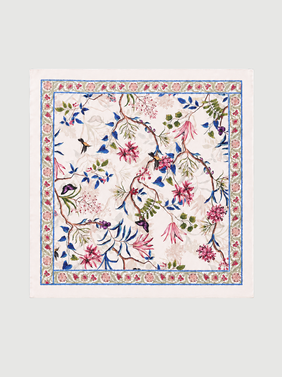 Beige Chinoiserie Charmeuse Floral Square Scarf