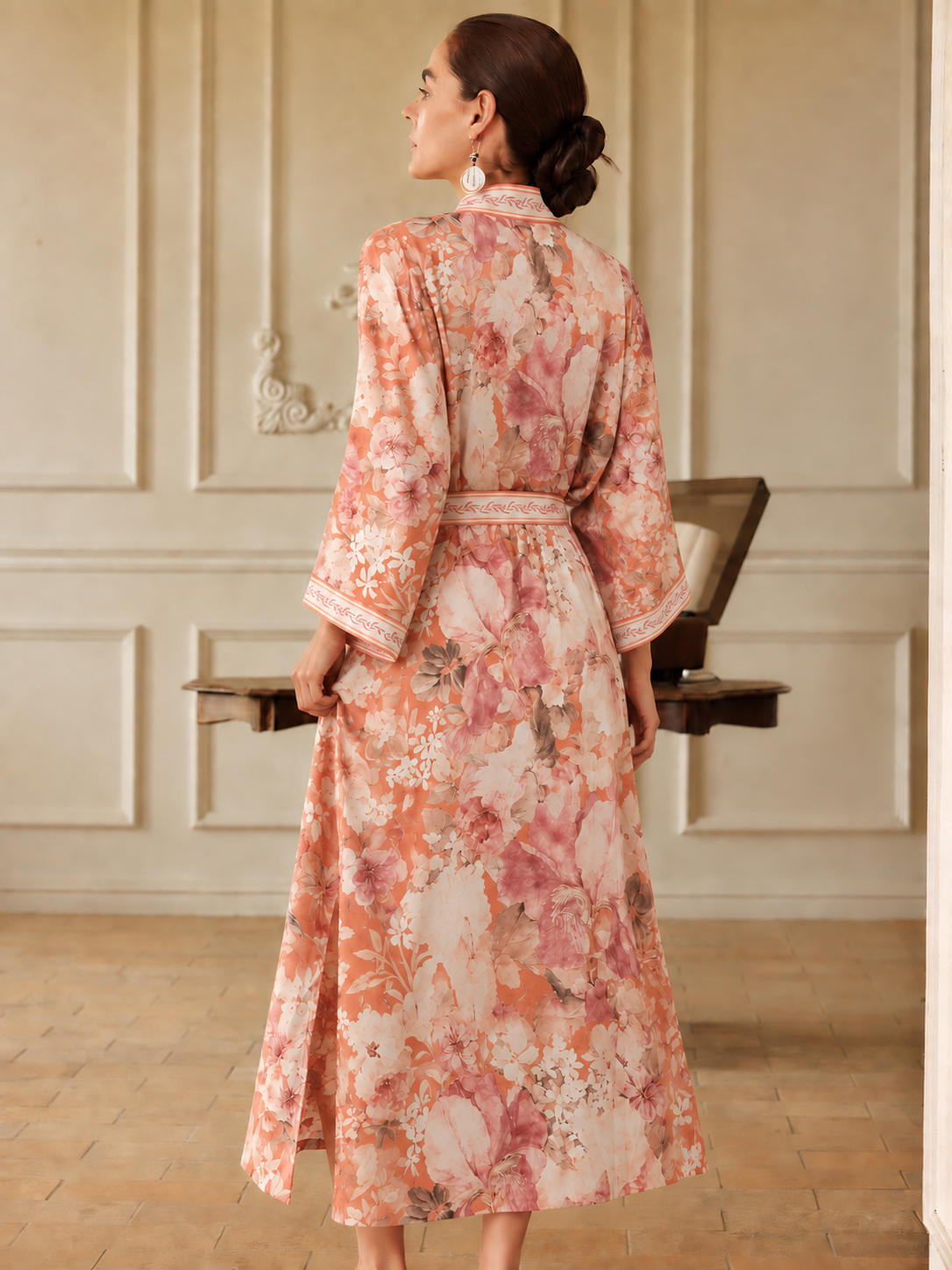 Coral Sunset Kimono Robe with Pockets