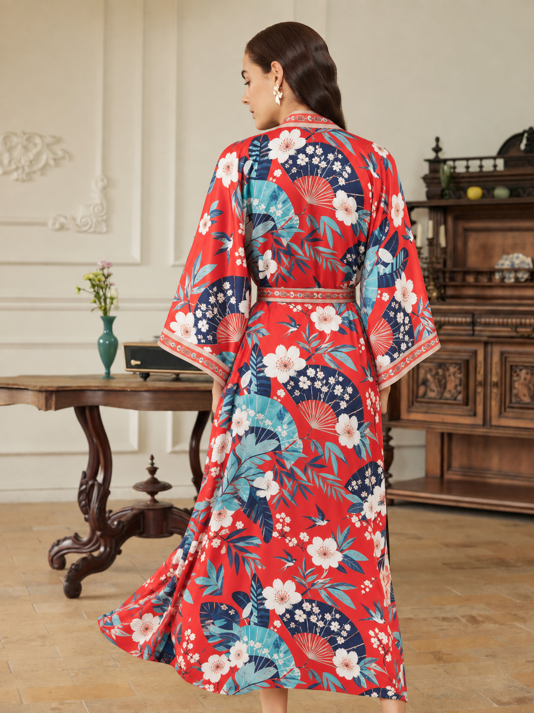 Coral Chinoiserie Kimono Robe with Pockets
