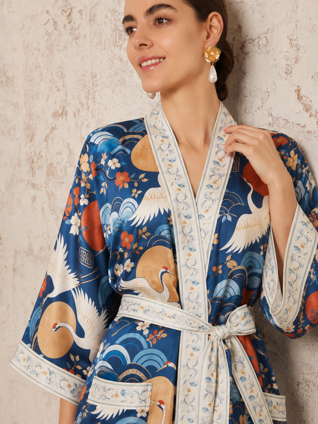 Moonlit Cranes Kimono Robe with pockets