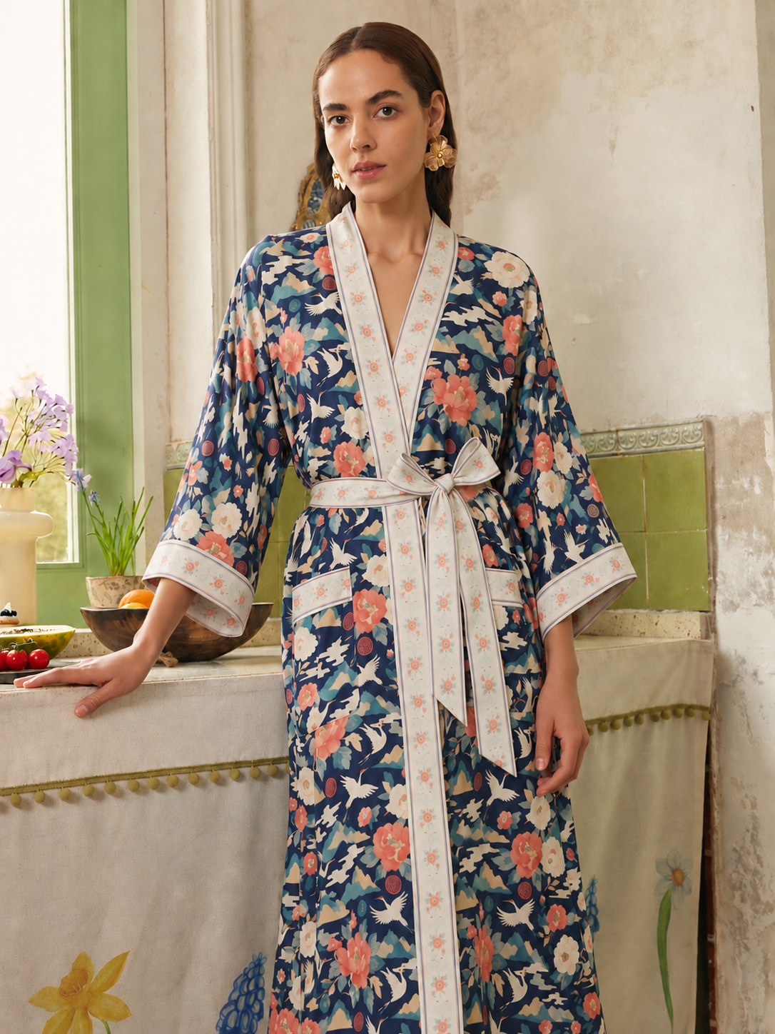 Oriental Peony & Crane Kimono Robe