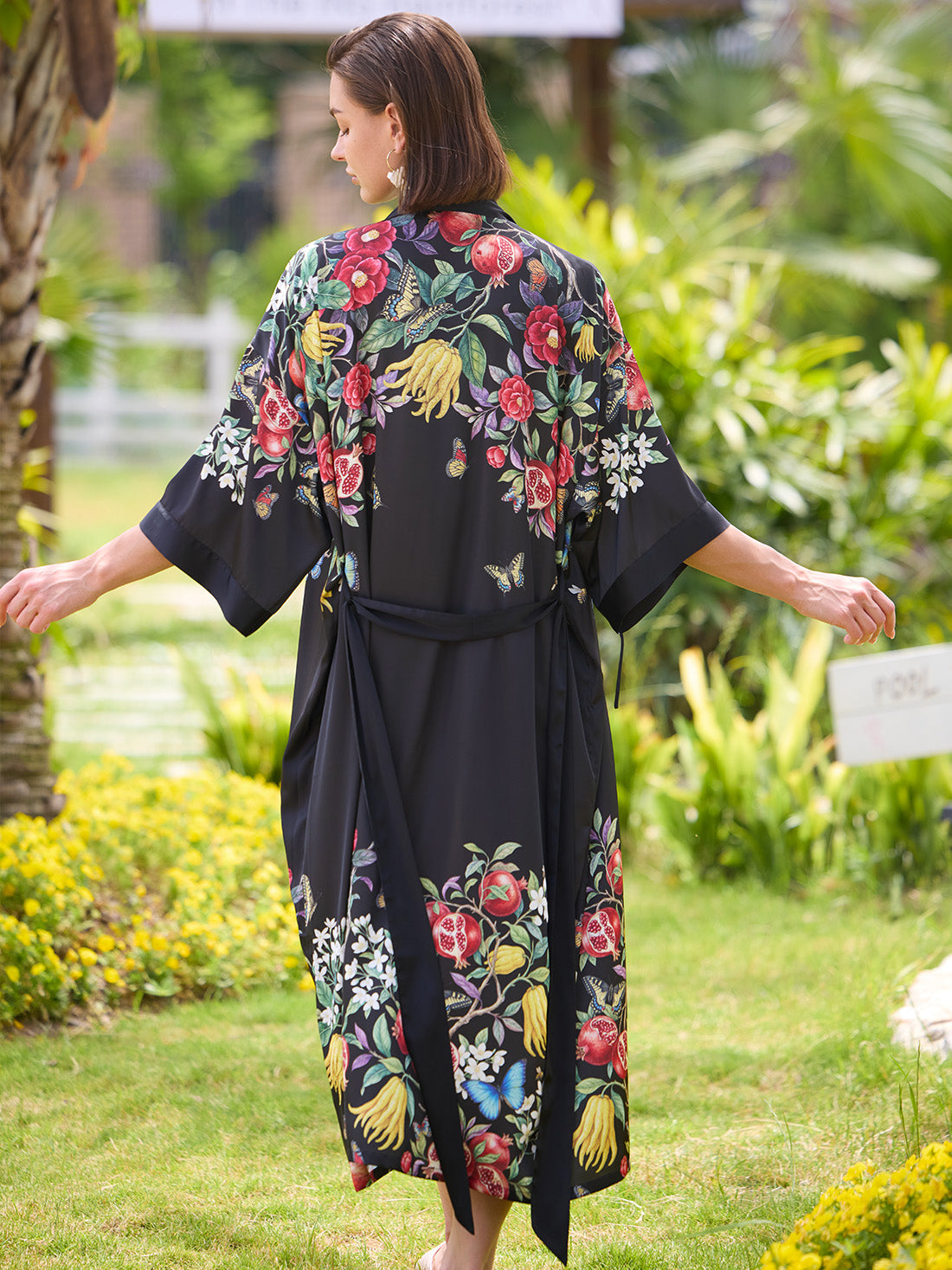 Black Botanical Kimono Robe