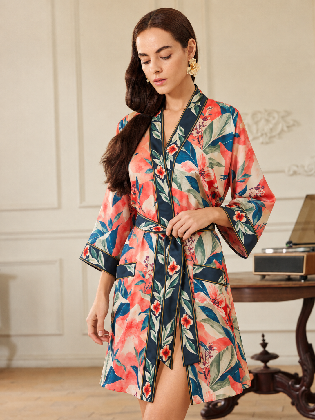 Coral Aviary Short Robe with Pockets