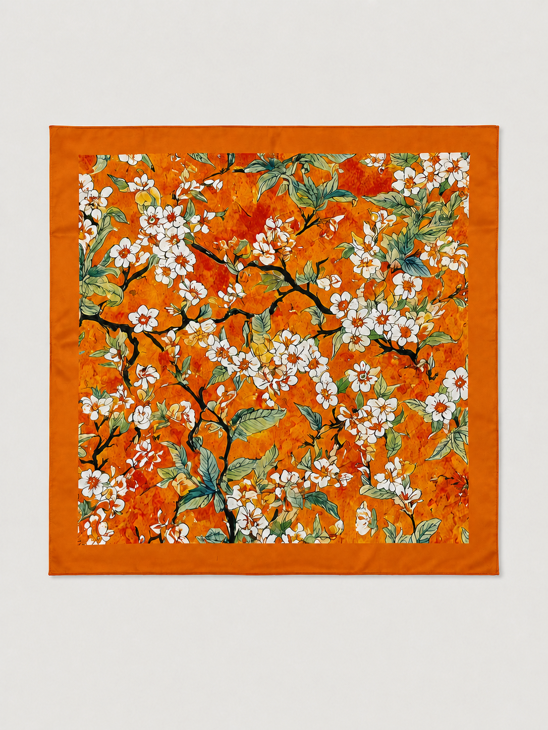 Vintage Orange Enamel Camellia Floral Kimono Robe with Pockets