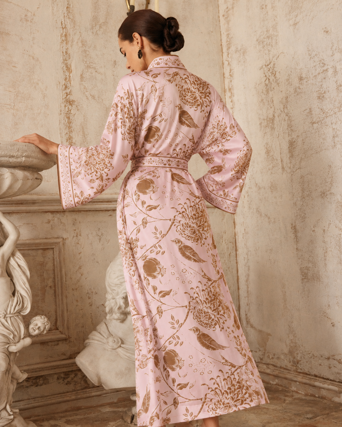 Blush Golden Leaf Kimono Robe with Pockets