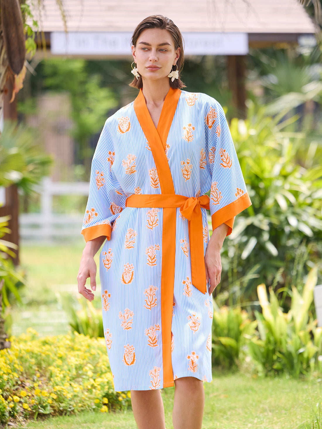 Blue Citrus Stripe Lyocell Kimono Robe