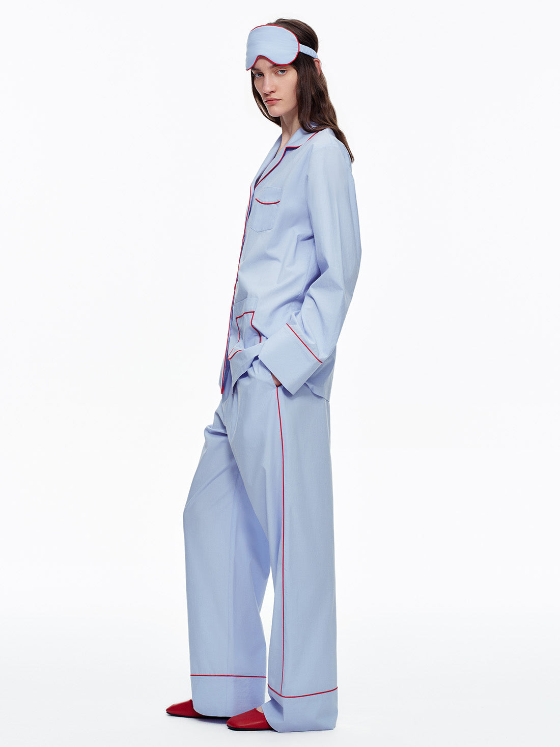 Powder Blue Classic Long Pajama Set with Pockets