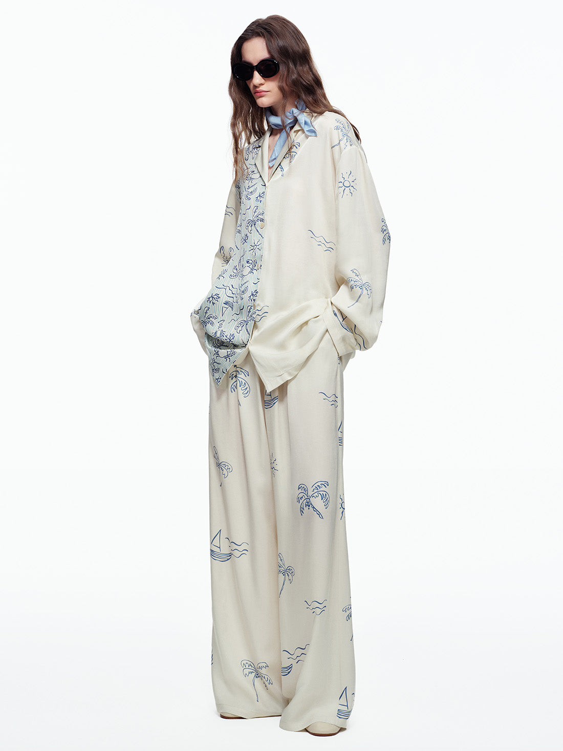 Milk Apricot Coastal Print Long Pajama Set