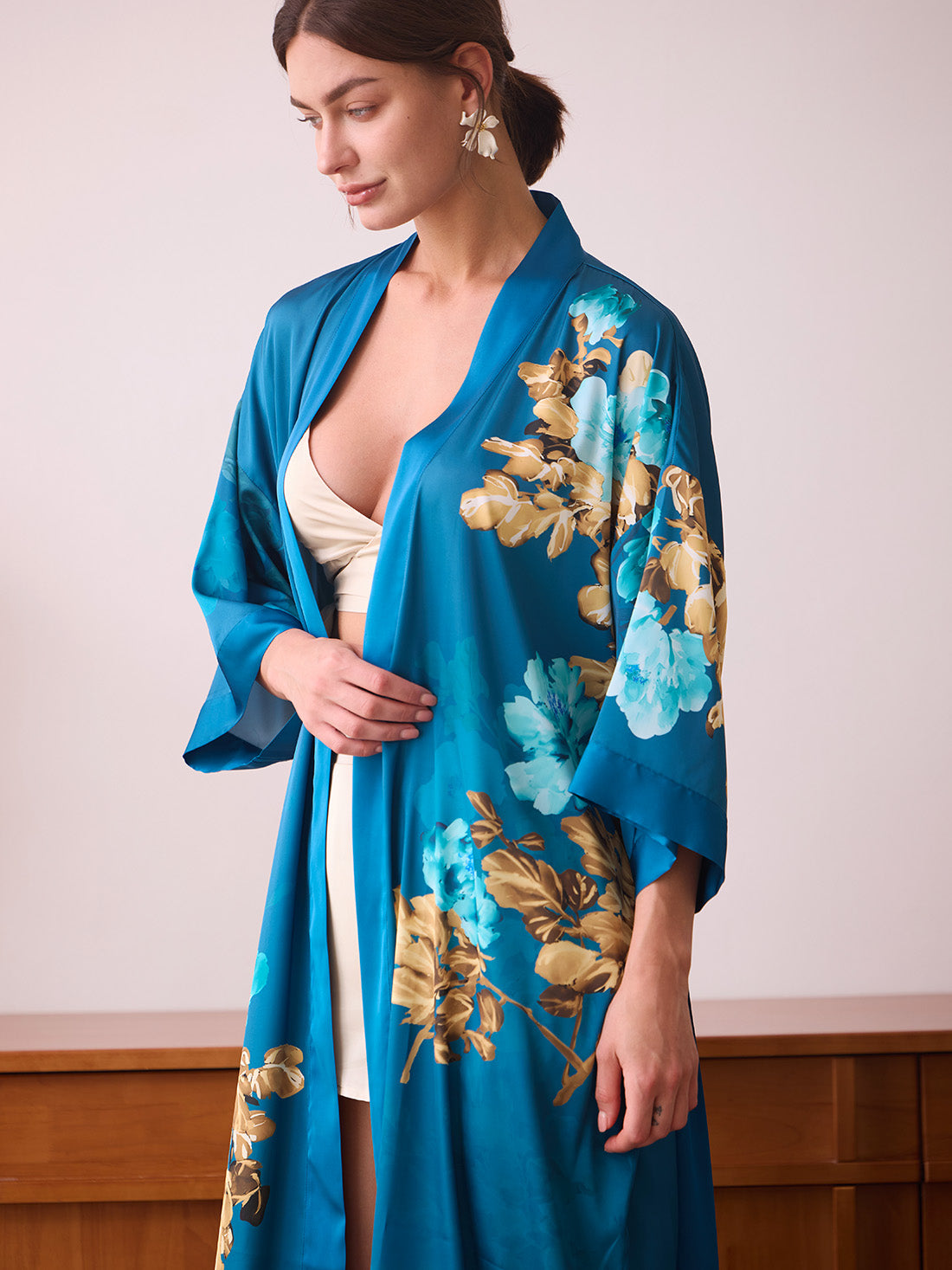 Teal Orchid Bloom Kimono Robe