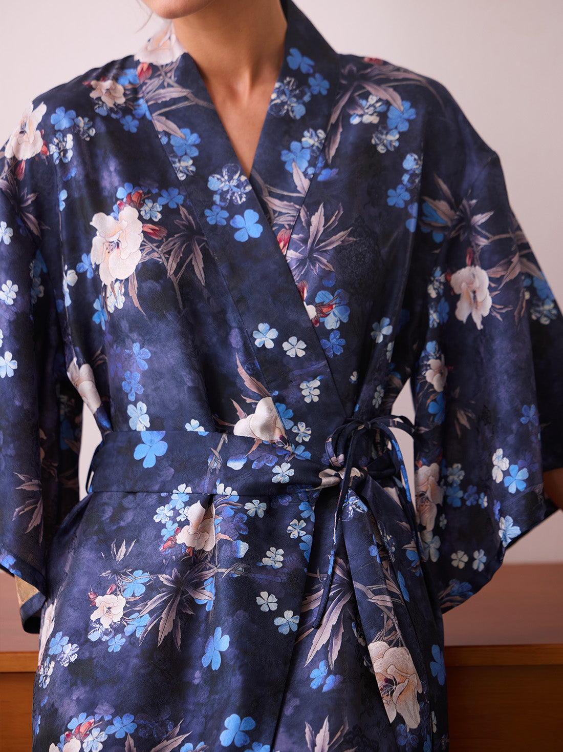 Navy Floral Garden Shimmer Kimono Robe