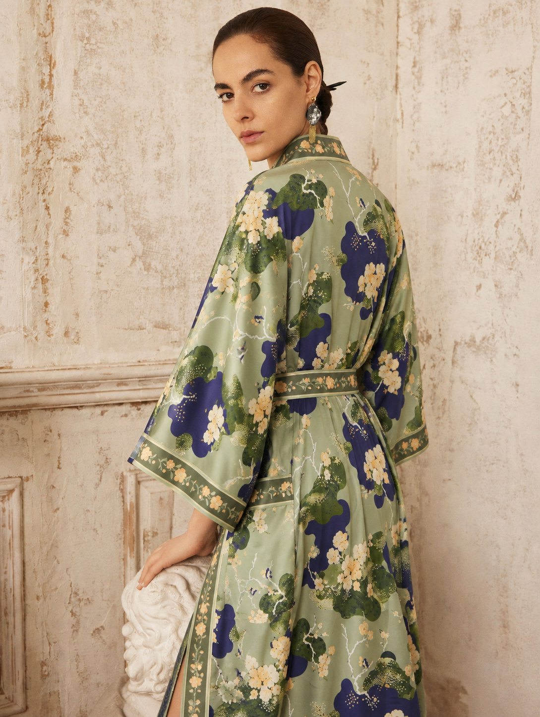 Olive Blossom Kimono Robe with Pockets