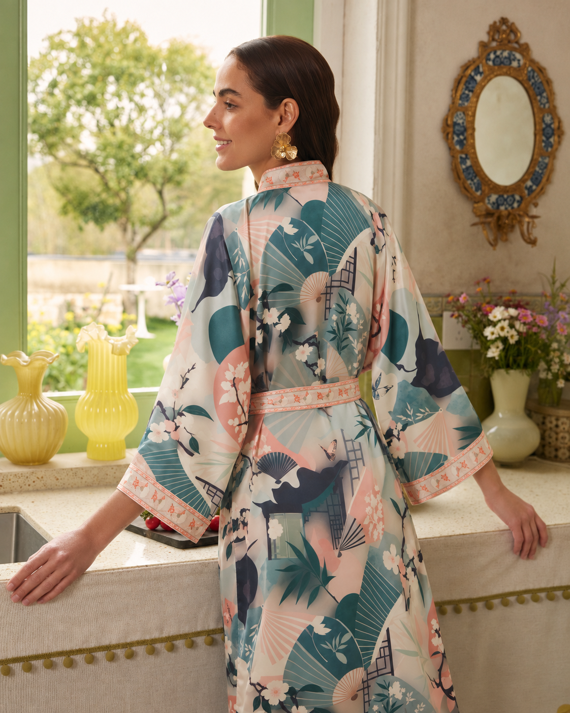Sage Garden Fan Long Kimono Robe with Pockets