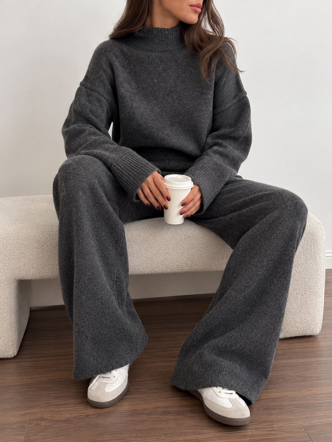 City Casual Mock Neck Knit Top and Wide Leg Pants Set