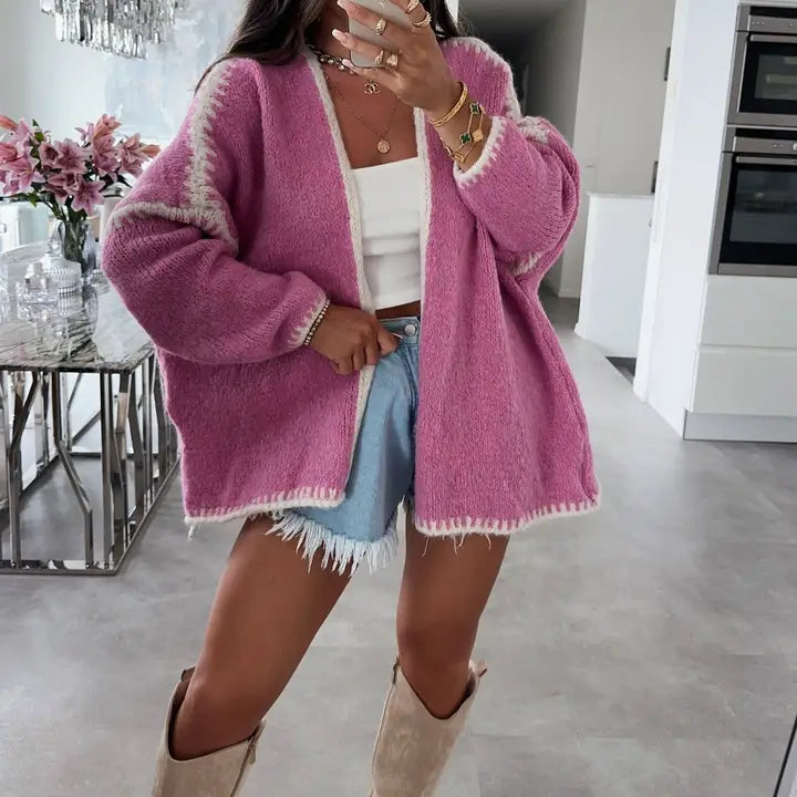 Women’s Solid Color Thick Knit Tweed Cardigan