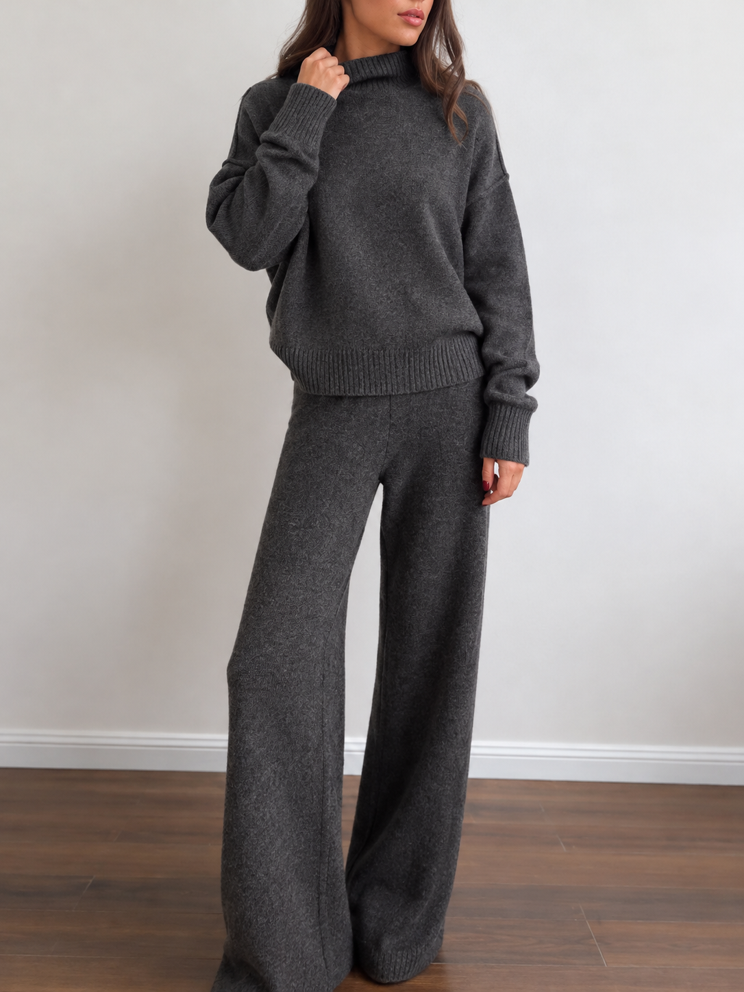 City Casual Mock Neck Knit Top and Wide Leg Pants Set