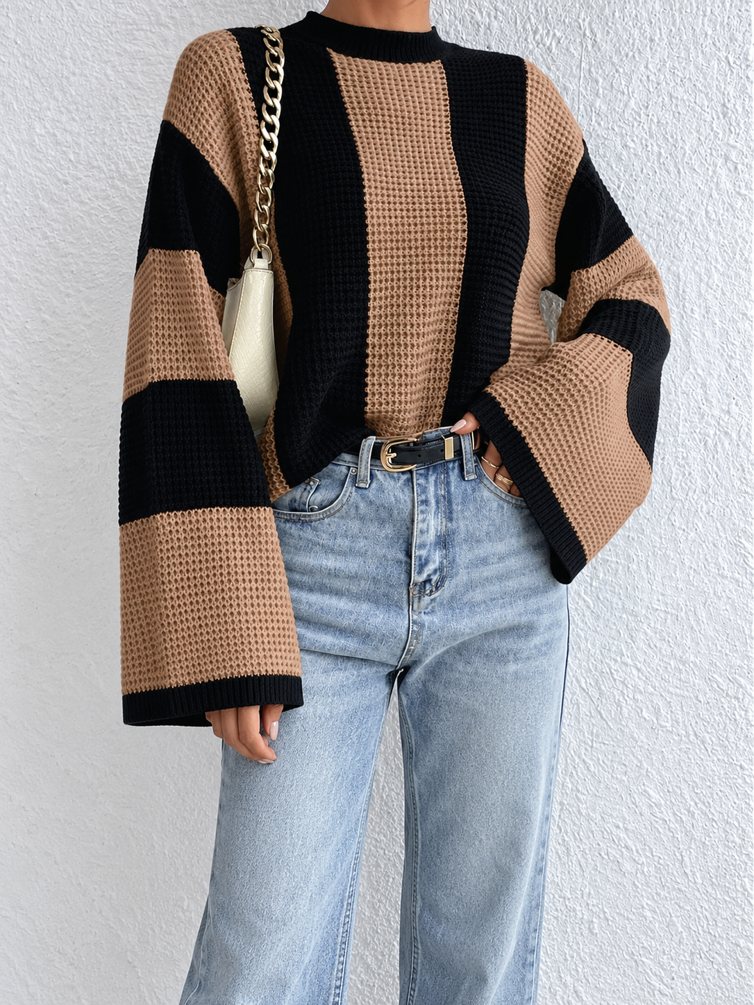 Minimalist Wide Stripe Flared Sleeve Sweater