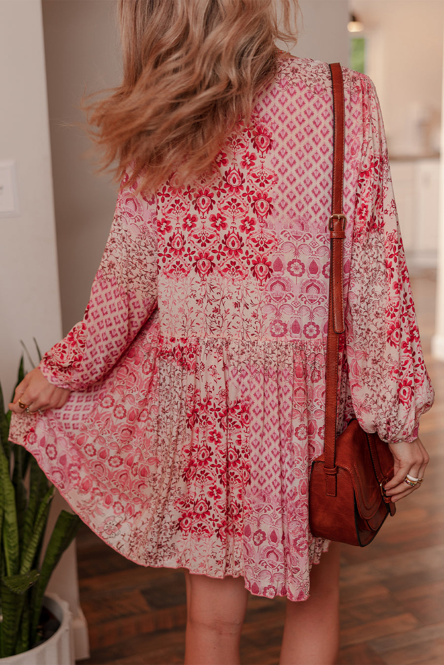 Pink Bohemian Floral Print Tassel Tie Long Sleeve Flowy Mini Dress ...