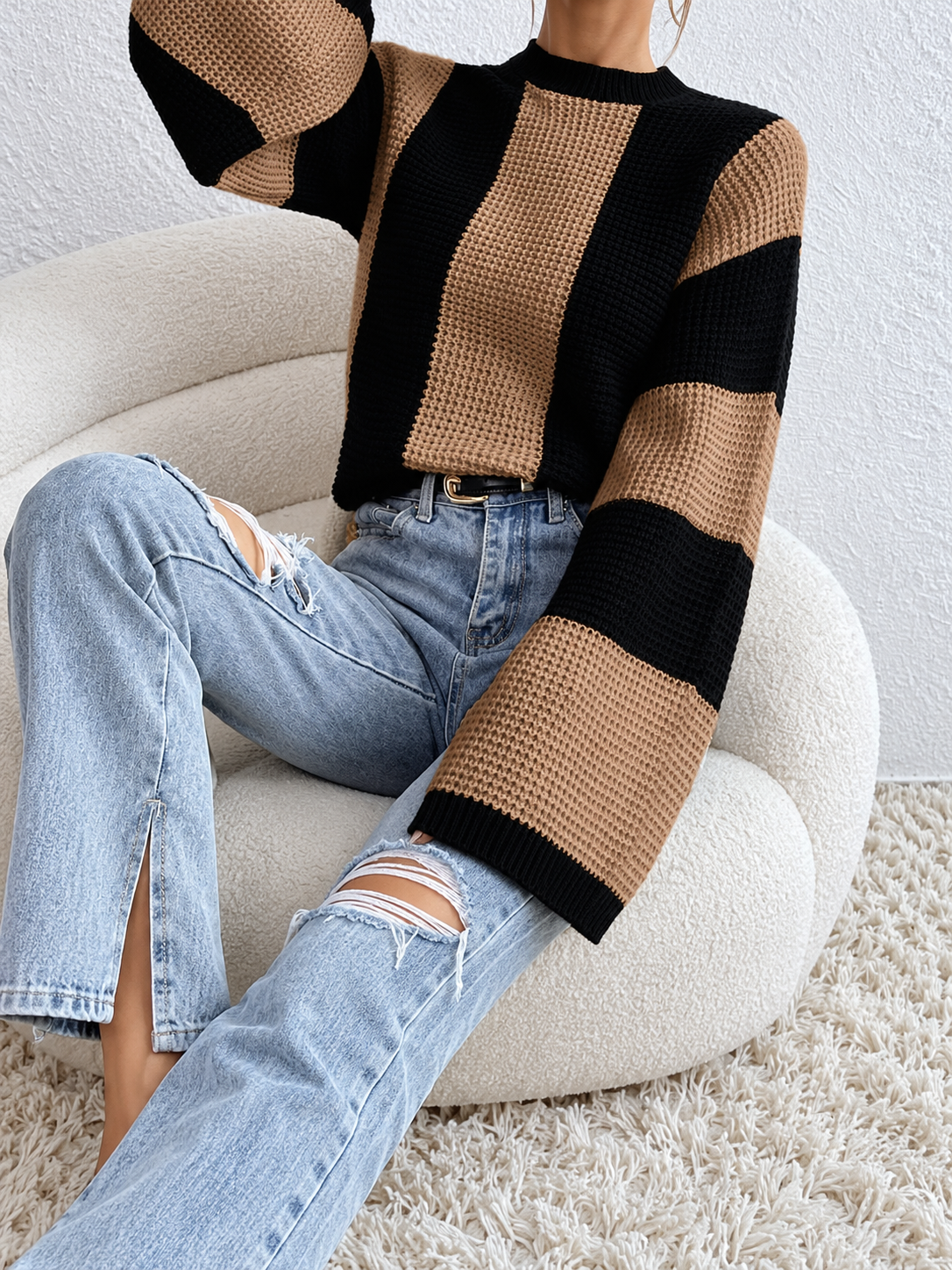 Minimalist Wide Stripe Flared Sleeve Sweater