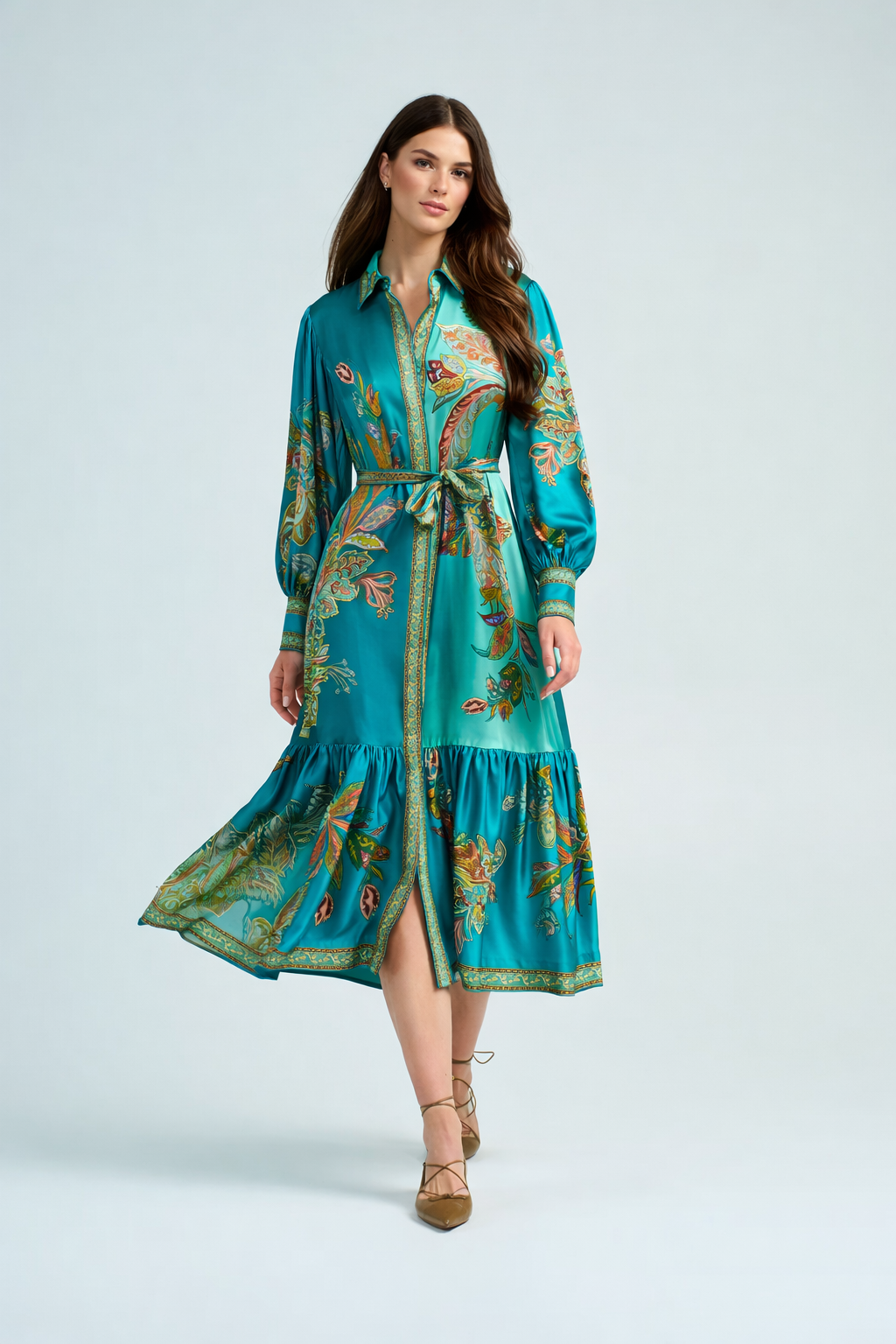 Delicate Floral V-Neck Button Midi Dress