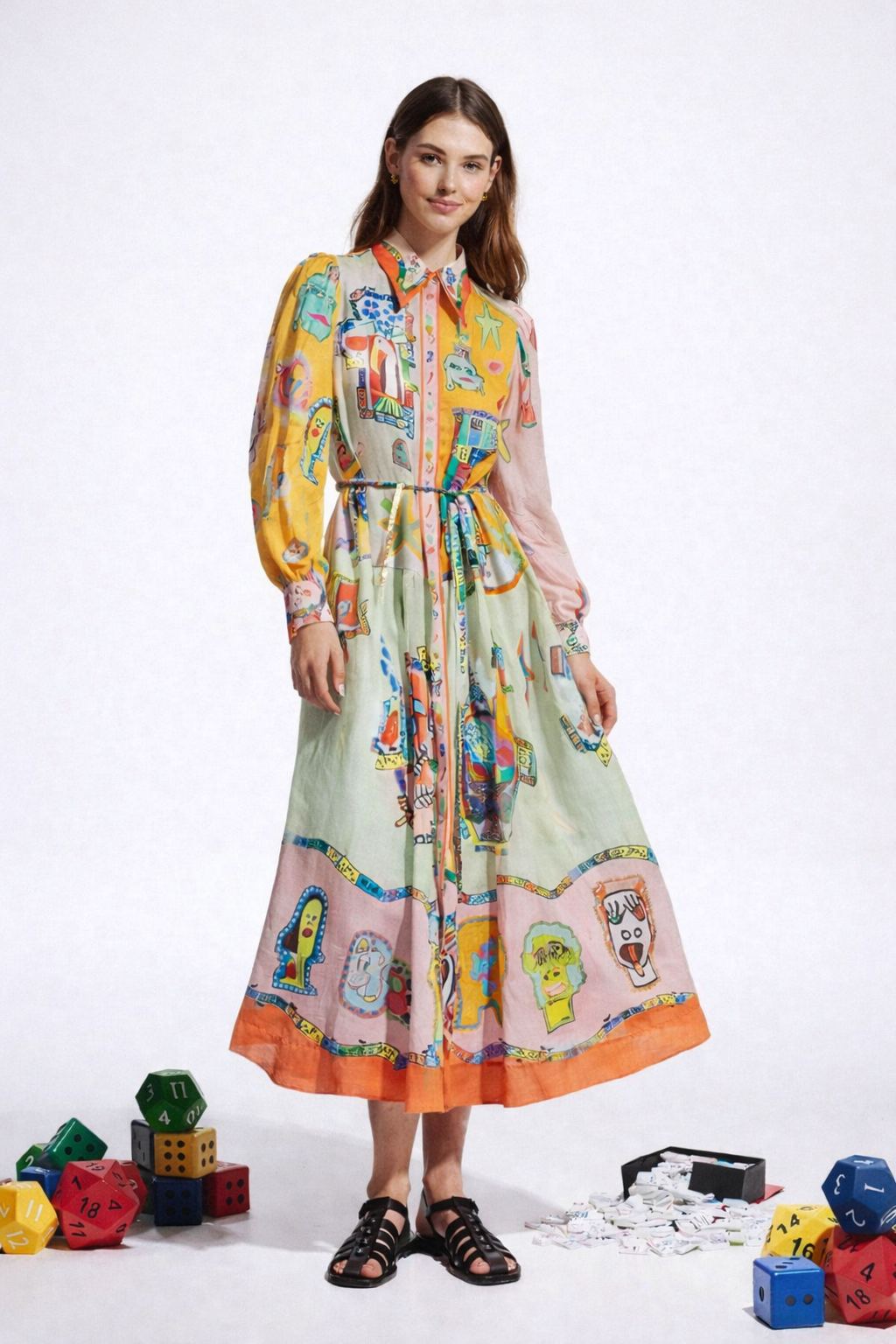 Colorblock Balloon Sleeve Belted Shirt Midi Dress