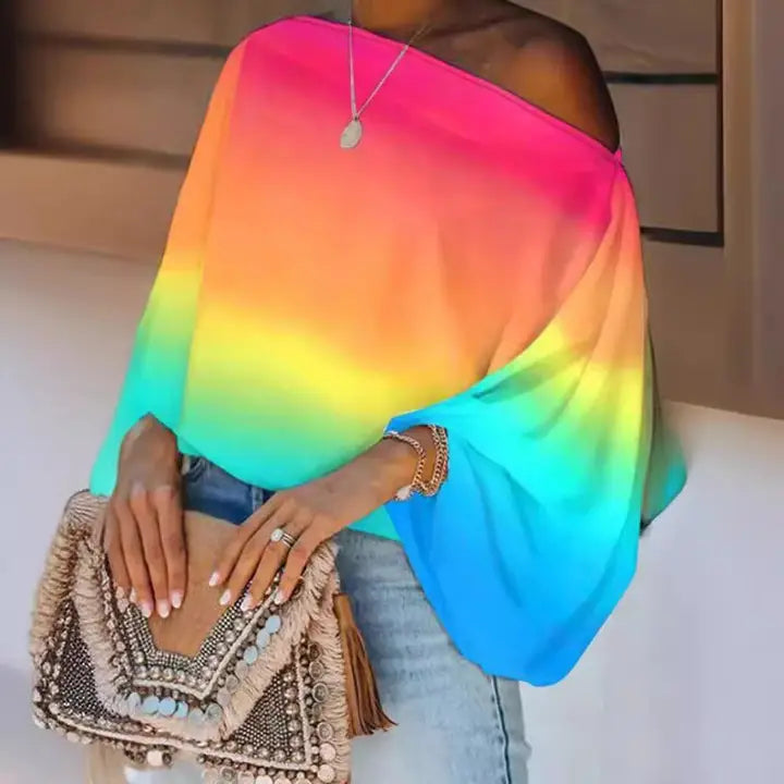 Fashionable Airy Printed Loose Slant Neck Top