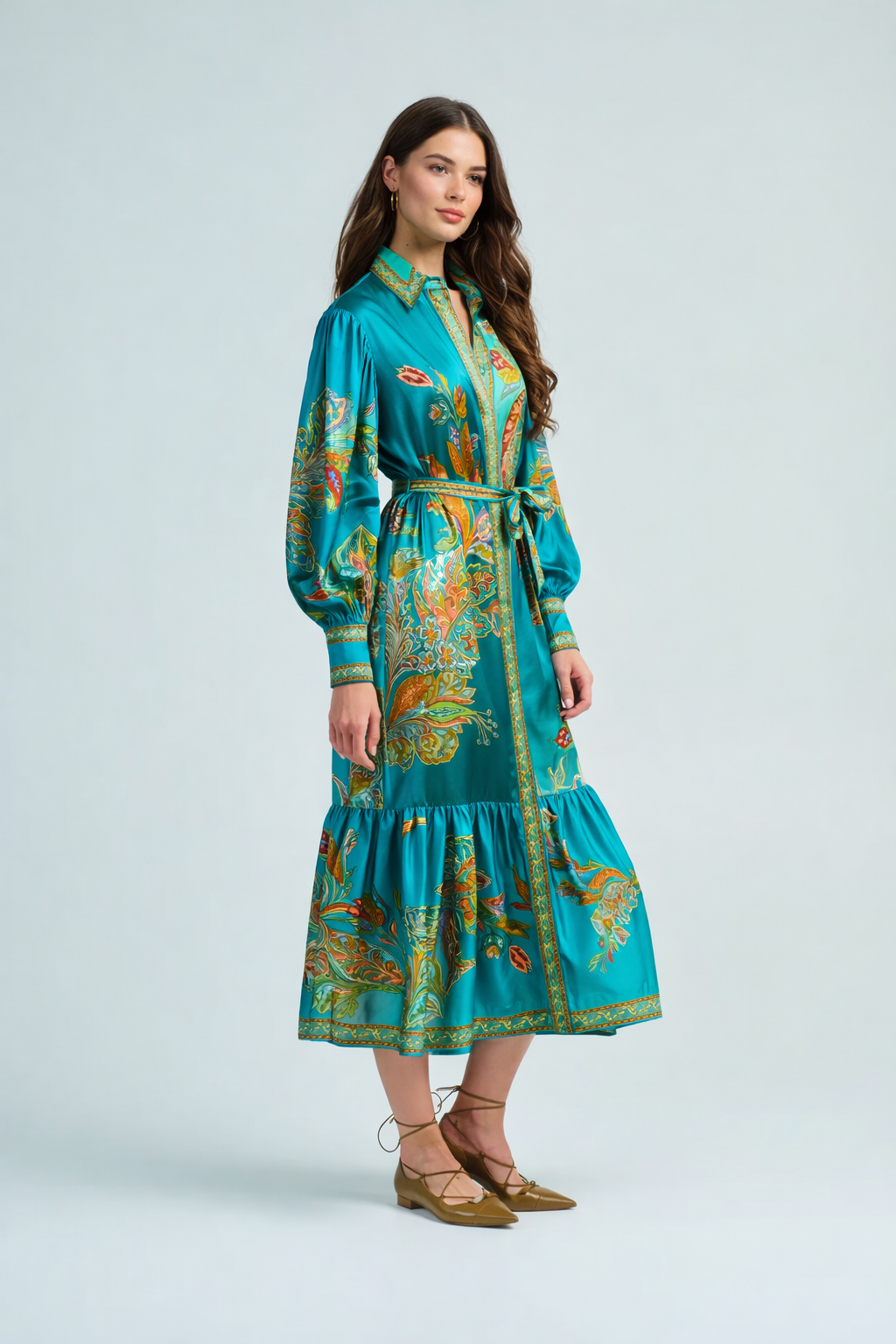 Delicate Floral V-Neck Button Midi Dress