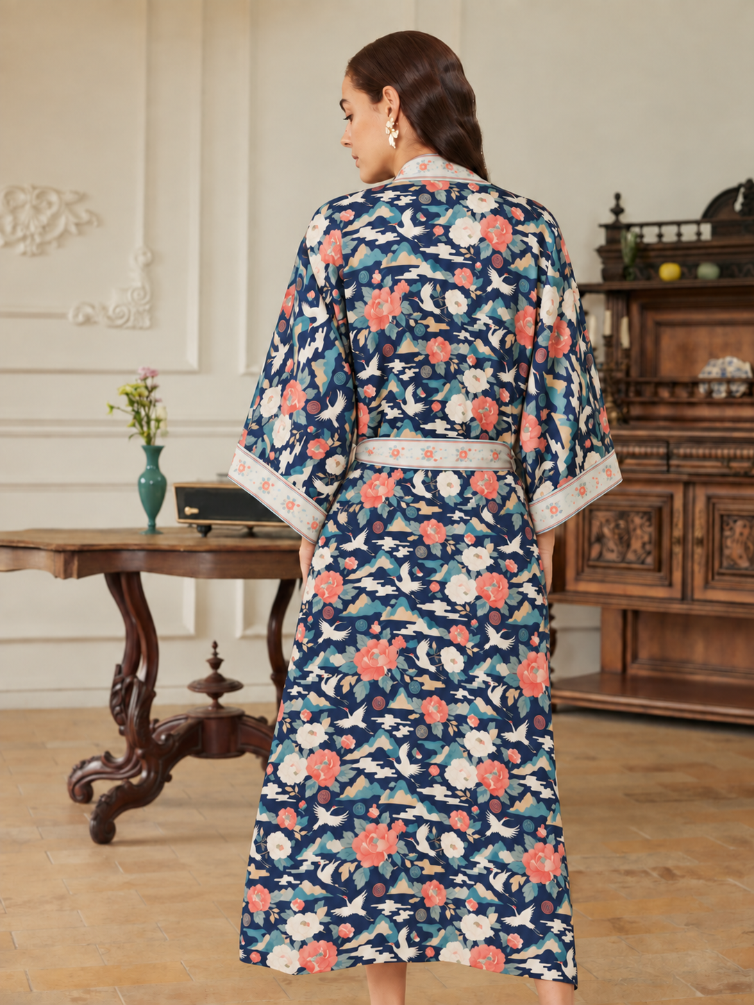 Oriental Peony & Crane Kimono Robe