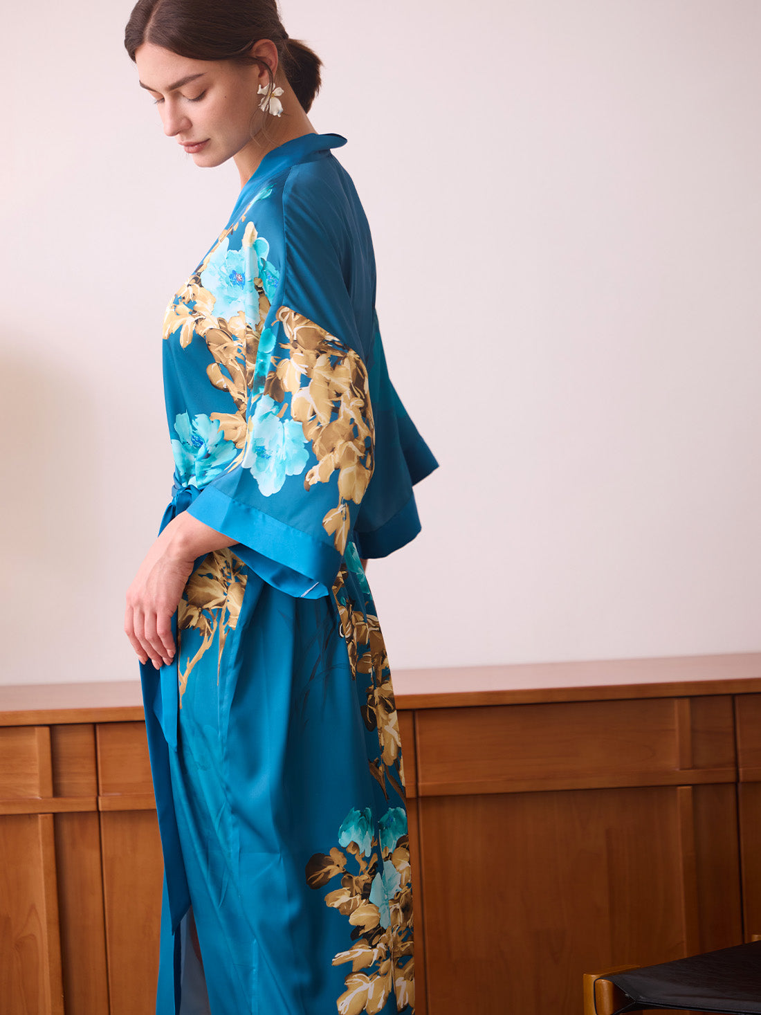 Teal Orchid Bloom Kimono Robe