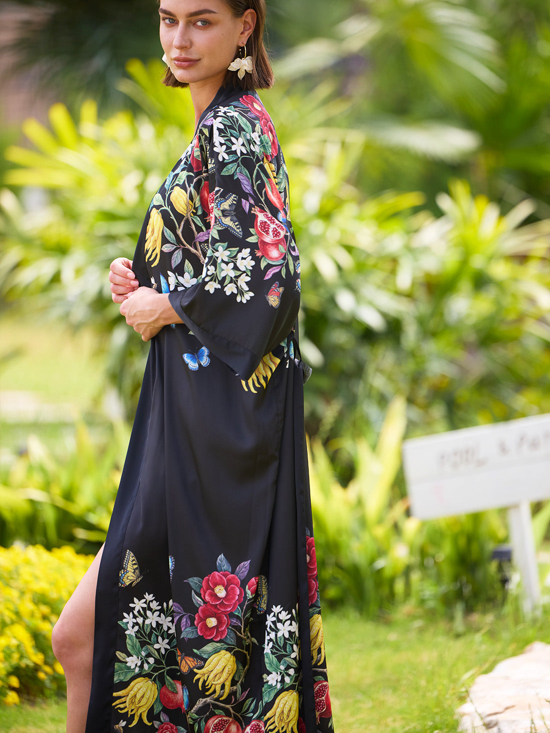 Black Botanical Kimono Robe