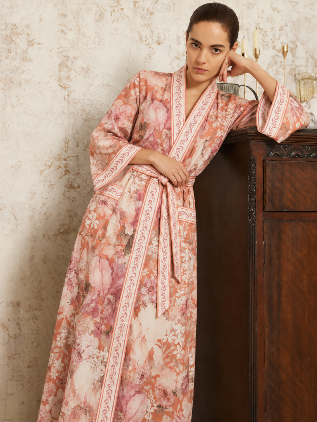 Coral Sunset Kimono Robe with Pockets