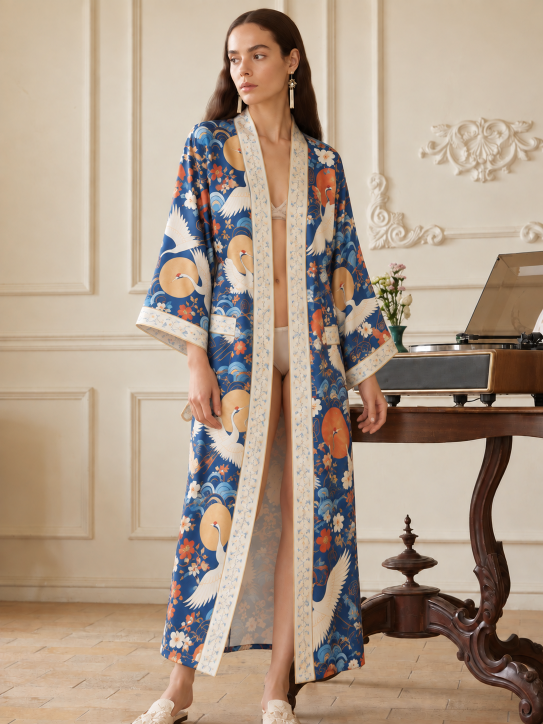 Moonlit Cranes Kimono Robe with pockets